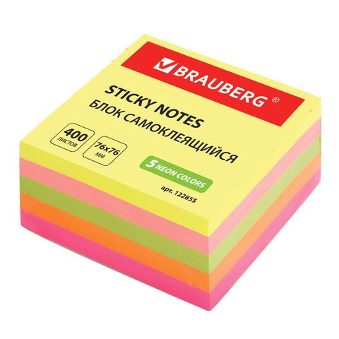 Блок самоклеящийся (стикеры) Brauberg 76х76 мм, 400 листов, 5 цветов 122855 цена за 3 шт , 